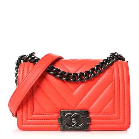 CHANEL Calfskin Chevron Quilted Small Boy Flap Coral